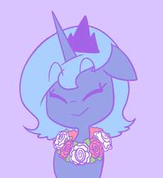 Size: 926x1010 | Tagged: safe, artist:typhwosion, princess luna, alicorn, pony, friendship is magic, crown, cute, eyes closed, female, floppy ears, flower, flower necklace, gray background, jewelry, lunabetes, regalia, s1 luna, scene interpretation, simple background, solo