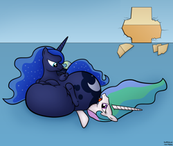 Size: 1900x1600 | Tagged: safe, artist:jesseorange, princess celestia, princess luna, alicorn, pony, series:absurdly huge luna's life, belly, duo, duo female, fat, female, huge butt, impossibly large butt, large butt, moonbutt, morbidly obese, obese, plot, princess moonpig, property damage, sitting on, sitting on pony, the ass was too fat, wall