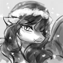 Size: 2000x2000 | Tagged: safe, artist:lumineko, oc, oc only, oc:nom de plume, bat pony, pony, christmas, female, grin, hat, santa hat, smiling, snow, snowfall, solo