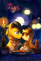 Size: 735x1087 | Tagged: dead source, safe, artist:si1vr, derpy hooves, doctor whooves, pegasus, pony, doctorderpy, eating, female, food, lady and the tramp, male, mare, parody, shipping, spaghetti, spaghetti scene, straight, table, tardis