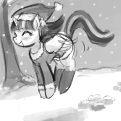 Size: 2000x2000 | Tagged: safe, artist:lumineko, twilight sparkle, twilight sparkle (alicorn), alicorn, pony, blushing, boots, bouncing, clothes, costume, cute, female, grayscale, hat, irrational exuberance, jumping, mare, monochrome, pronking, santa costume, santa hat, sketch, smiling, snow, solo, sproing, tree, twiabetes