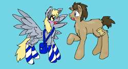 Size: 1024x553 | Tagged: safe, artist:muffinmaximum, derpy hooves, doctor whooves, pegasus, pony, bag, blushing, clothes, doctorderpy, female, male, mare, shipping, socks, straight, striped socks