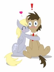 Size: 768x1024 | Tagged: safe, artist:mirisilky, derpy hooves, doctor whooves, earth pony, pegasus, pony, blushing, doctorderpy, exclamation point, female, heart, hug, male, necktie, shipping, straight