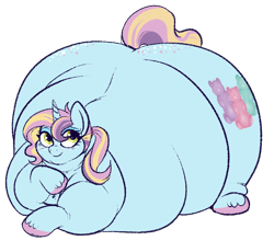 Size: 650x598 | Tagged: safe, artist:lulubell, oc, oc:gummy galore, pony, unicorn, belly, fat, female, freckles, huge butt, impossibly large belly, impossibly large butt, large butt, mare, morbidly obese, obese, simple background, smiling, solo, transparent background, wide hips