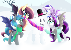Size: 3000x2100 | Tagged: safe, artist:siggie740, oc, oc only, oc:lunar lily, oc:sweet hum, oc:swift edge, bat pony, pony, clothes, coat, cute, family, female, filly, husband and wife, male, ocbetes, offspring, parent:oc:sweet hum, parent:oc:swift edge, parents:oc x oc, parents:sweetedge, scarf, siblings, sisters, snow, snowpony, sweetedge, winter outfit