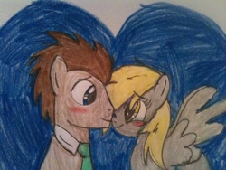 Size: 1024x768 | Tagged: safe, artist:tybeaniebabyalvin, derpy hooves, doctor whooves, pegasus, pony, blushing, doctorderpy, female, male, mare, shipping, straight, traditional art