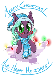 Size: 840x1200 | Tagged: safe, artist:tehflah, oc, oc only, oc:wicked ways, bat pony, pony, candy, candy cane, clothes, cute, food, hat, merry christmas, mouth hold, scarf, simple background, solo, transparent background