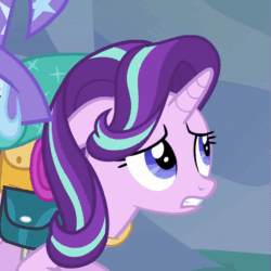 Size: 517x517 | Tagged: safe, screencap, starlight glimmer, trixie, pony, to where and back again, animated, bag, blinking, clothes, floppy ears, gif, solo focus, trixie's hat, worried