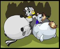 Size: 1280x1045 | Tagged: safe, artist:virus-20, zecora, oc, oc:drew, zebra, ear piercing, earring, fat, female, jewelry, mare, obese, piercing, zecobese