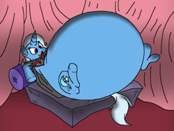 Size: 1048x788 | Tagged: safe, artist:virus-20, trixie, pony, unicorn, alicorn amulet, belly, bottom heavy, fat, female, impossibly large belly, lying, mare, obese, the great and bountiful trixie