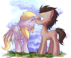 Size: 988x809 | Tagged: safe, artist:midnameowfries, derpy hooves, doctor whooves, pegasus, pony, blushing, boop, doctorderpy, eyes closed, female, floppy ears, kissing, male, mare, noseboop, shipping, spread wings, standing, straight