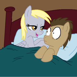 Size: 500x500 | Tagged: safe, artist:jcking101, artist:madmax, edit, derpy hooves, doctor whooves, pegasus, pony, aftersex ponies, and that's how dinky hooves was made, bed, doctorderpy, female, implied sex, male, mare, morning after, pillow, shipping, straight, surprised, wide eyes