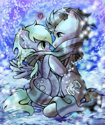 Size: 1082x1279 | Tagged: safe, artist:midnameowfries, derpy hooves, doctor whooves, pegasus, pony, clothes, cute, daaaaaaaaaaaw, derpabetes, doctorbetes, doctorderpy, female, heart, heartwarming, hnnng, male, mare, pregnant, scarf, shared clothing, shared scarf, shipping, straight, winter