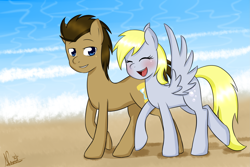 Size: 2965x1975 | Tagged: safe, artist:usagifriday, derpy hooves, doctor whooves, pegasus, pony, beach, doctorderpy, female, male, mare, shipping, straight