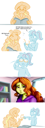 Size: 1280x3600 | Tagged: safe, artist:ponut_joe, adagio dazzle, sonata dusk, equestria girls, :d, :t, book, clothes, comic, derp, dialogue, faic, glasses, hoodie, looking at you, reading, shoujo vision, squint, wat, younger