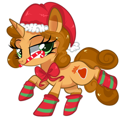 Size: 1720x1670 | Tagged: safe, artist:peachesandcreamated, oc, oc only, oc:autumn science, pony, unicorn, bow, candy, candy cane, clothes, female, food, hat, mare, mouth hold, santa hat, simple background, socks, solo, striped socks, transparent background, ych result