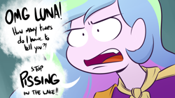 Size: 1280x720 | Tagged: safe, artist:ponut_joe, princess celestia, principal celestia, equestria girls, legend of everfree, dialogue, implied princess luna, implied urine, no nose, open mouth, solo, vulgar