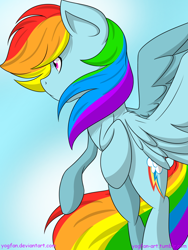 Size: 1024x1365 | Tagged: safe, artist:yogfan, rainbow dash, pegasus, pony, blue coat, female, flying, mare, multicolored mane, solo