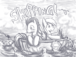Size: 800x600 | Tagged: safe, artist:saturnspace, bon bon, derpy hooves, doctor whooves, lyra heartstrings, sweetie drops, pegasus, pony, sea pony, boat, doctorderpy, female, male, mare, monochrome, pun, seapony lyra, shipping, straight