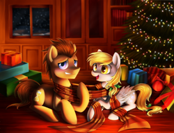 Size: 1300x1000 | Tagged: safe, artist:chryseum, derpy hooves, doctor whooves, pegasus, pony, christmas, christmas tree, clothes, cute, doctorderpy, female, male, mare, night, present, scarf, shared clothing, shared scarf, shipping, straight, tree