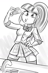 Size: 832x1268 | Tagged: safe, artist:ponut_joe, sonata dusk, equestria girls, cellphone, clothes, duckface, mirror, monochrome, phone, selfie, sink, skirt, solo, zettai ryouiki