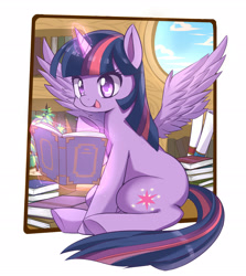 Size: 2460x2760 | Tagged: safe, artist:caibaoreturn, artist:tungstemwillow, twilight sparkle, twilight sparkle (alicorn), alicorn, pony, book, cute, golden oaks library, happy, levitation, magic, reading, sitting, sky, solo, spread wings, telekinesis, that pony sure does love books, twiabetes, window, wings