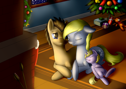 Size: 2500x1771 | Tagged: safe, artist:renatethepony, derpy hooves, dinky hooves, doctor whooves, pegasus, pony, christmas, christmas tree, cute, derpabetes, dinkabetes, doctorbetes, doctorderpy, equestria's best mother, family, female, male, mare, shipping, sleeping, straight, tree