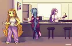 Size: 2244x1437 | Tagged: useless source url, safe, artist:ponut_joe, adagio dazzle, aria blaze, sonata dusk, equestria girls, rainbow rocks, anime, apple, banana, barefoot, belly button, cellphone, clothes, coffee mug, family photo, feet, female, food, kitchen, messy mane, midriff, morning ponies, mug, pajamas, pancakes, phone, refrigerator, resting bitch face, socks, the dazzlings, toaster, trio