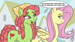 Size: 1280x720 | Tagged: safe, artist:ponut_joe, fluttershy, tree hugger, earth pony, pegasus, pony, bedroom eyes, female, looking at each other, mare, open mouth, smiling