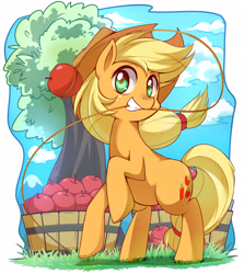 Size: 2460x2760 | Tagged: safe, artist:caibaoreturn, applejack, earth pony, pony, apple, female, food, hat, lasso, mare, rearing, rope, solo