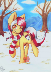 Size: 904x1280 | Tagged: safe, artist:nana-yuka, oc, oc only, oc:colonia, earth pony, pony, clothes, scarf, snow, solo