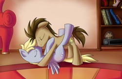 Size: 2500x1614 | Tagged: safe, artist:pancake-ss, derpy hooves, doctor whooves, pegasus, pony, book, doctorderpy, female, kissing, male, mare, muffin, nuzzling, shipping, straight