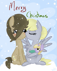 Size: 529x661 | Tagged: safe, artist:lilliesinthegarden, derpy hooves, dinky hooves, doctor whooves, pony, baby, baby pony, blushing, christmas, cradling, cute, doctorderpy, equestria's best mother, eyes closed, female, filly, foal, kissing, male, nurse turner, open mouth, shipping, sitting, smiling, snow, snowfall, straight, winter, younger