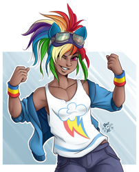 Size: 1824x2256 | Tagged: safe, artist:ponut_joe, rainbow dash, human, alternate hairstyle, bishoujo, breasts, clothes, cutie mark on clothes, dark skin, delicious flat chest, female, flexing, goggles, humanized, jacket, kotobukiya, kotobukiya rainbow dash, looking at you, one eye closed, simple background, smiling, tanktop, wink, wristband