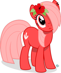 Size: 2000x2404 | Tagged: safe, artist:arifproject, oc, oc only, oc:downvote, pony, derpibooru, derpibooru ponified, ear piercing, flower, flower in hair, hair over one eye, hibiscus, ironic upvotes, looking up, meta, piercing, ponified, red, simple background, solo, transparent background, vector