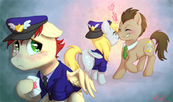 Size: 1038x615 | Tagged: safe, artist:c-puff, care package, derpy hooves, doctor whooves, special delivery, pegasus, pony, blushing, clothes, crush, crying, doctorderpy, female, heart, heartbreak, love letter, mailpony, male, mare, nuzzling, shipping, shipping denied, straight, uniform