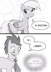 Size: 3000x4200 | Tagged: safe, artist:callmeisaak, derpy hooves, doctor whooves, pegasus, pony, doctorderpy, female, male, mare, monochrome, shipping, straight