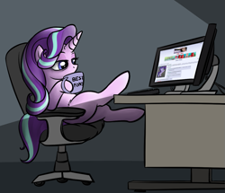 Size: 1045x899 | Tagged: safe, artist:duop-qoub, artist:lockerobster, color edit, edit, starlight glimmer, pony, unicorn, /mlp/, 4chan, bags under eyes, best pony, chair, colored, computer, dark, desk, drinking, female, glimmerposting, hoof hold, hooves on the table, keyboard, leg fluff, lidded eyes, mare, missing cutie mark, monitor, mug, sitting, solo, tired