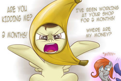 Size: 540x360 | Tagged: safe, artist:poundcakemlp2000, artist:redheadfly, pound cake, oc, oc:blazing sky, oc:lucky fly, angry, banana, banana suit, cute, food, fruit, grammar error, laughing, older