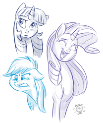 Size: 2000x2400 | Tagged: safe, artist:ponut_joe, rainbow dash, rarity, twilight sparkle, pegasus, pony, unicorn, angry, eyes closed, female, mare, open mouth, sketch