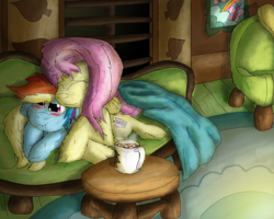 Size: 3236x2588 | Tagged: safe, artist:firefanatic, fluttershy, rainbow dash, pegasus, pony, blanket, blushing, chocolate, cuddling, cute, floppy ears, fluffy, fluttershy's cottage, food, hot chocolate, hug, scrunchy face, snuggling, sofa, winghug