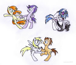 Size: 680x585 | Tagged: safe, artist:pandan009, carrot top, derpy hooves, dj pon-3, doctor whooves, golden harvest, octavia melody, vinyl scratch, written script, earth pony, pegasus, pony, unicorn, dancing, doctorderpy, female, goldenscript, lesbian, male, mare, scratchtavia, shipping, straight