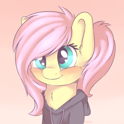 Size: 2100x2100 | Tagged: safe, artist:dbleki, fluttershy, pegasus, pony, alternate hairstyle, blushing, bust, cheek fluff, chest fluff, clothes, cute, floppy ears, fluffy, fluffyball, gradient background, hoodie, looking at you, portrait, shyabetes, smiling, solo, sweet dreams fuel