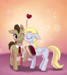 Size: 2427x2695 | Tagged: safe, artist:dannylim86, derpy hooves, doctor whooves, pegasus, pony, bouquet, doctorderpy, female, heart, kissing, male, mare, rose, shipping, straight