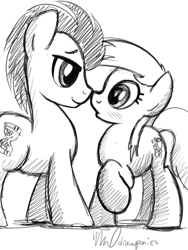 Size: 1500x2000 | Tagged: safe, artist:drawponies, derpy hooves, doctor whooves, pegasus, pony, bedroom eyes, blushing, boop, cute, doctorderpy, eye contact, female, male, mare, monochrome, noseboop, nuzzling, raised hoof, shipping, smiling, straight, wingless