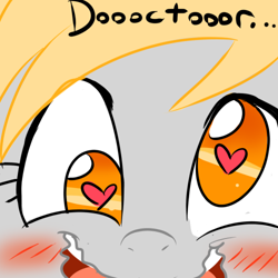 Size: 500x500 | Tagged: safe, artist:jitterbugjive, derpy hooves, doctor whooves, pegasus, pony, ask, blushing, doctorderpy, female, heart eyes, lovestruck derpy, mare, shipping, solo, straight, tumblr, wingding eyes