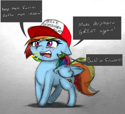 Size: 1280x1167 | Tagged: safe, artist:captainpudgemuffin, rainbow dash, pegasus, pony, blushing, derpibooru, dialogue, donald trump, female, floppy ears, glare, hat, make america great again, make x great again, mare, meta, open mouth, parody, solo, traditional art, yelling