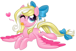 Size: 1600x1084 | Tagged: safe, artist:kaikururu, oc, oc only, oc:bay breeze, pegasus, pony, bow, heart, prone, solo, tongue out