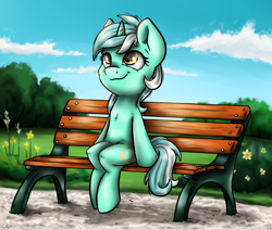 Size: 3035x2576 | Tagged: safe, artist:gaelledragons, lyra heartstrings, bench, cloud, flower, grass, meme, sitting, sitting lyra, smiling, solo