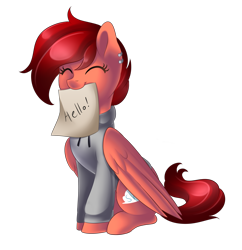 Size: 2478x2563 | Tagged: safe, artist:scarlet-spectrum, oc, oc only, pegasus, pony, clothes, cute, eyes closed, female, mare, mouth hold, sign, simple background, solo, sweater, transparent background